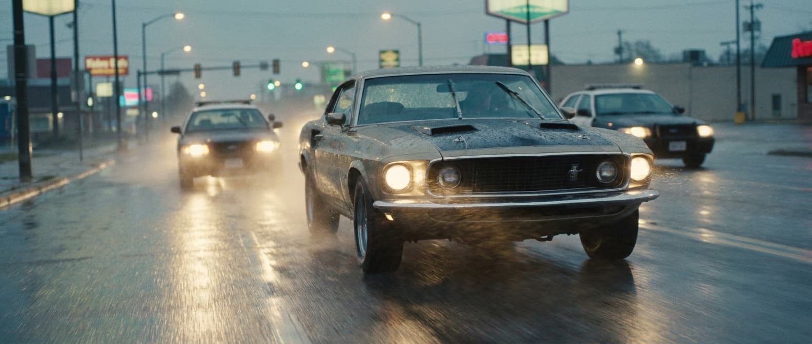 Vintage muscle car chased by police on a wet road, cinematic scene